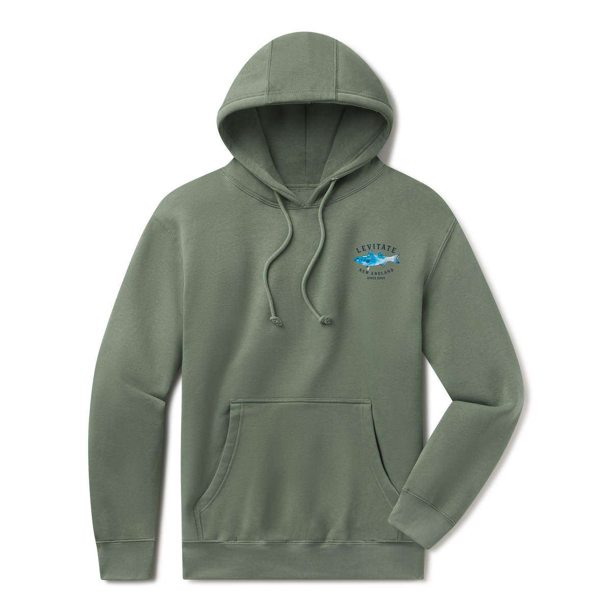 Levitate Trippy Fish Hoodie, front: Watercolor striped bass in blues under arched Levitate New England Since 2003 lettering