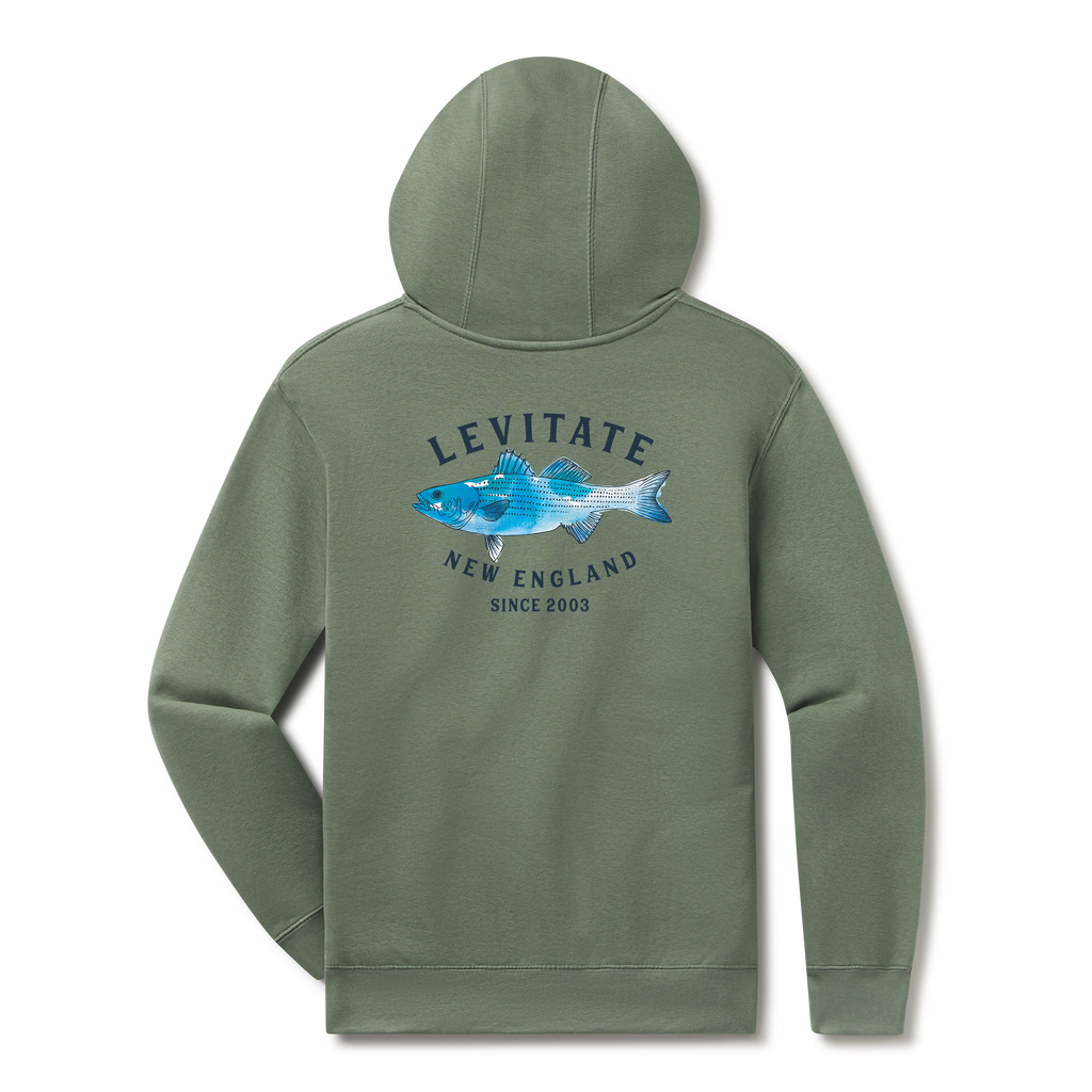 Levitate Trippy Fish Hoodie, back: Watercolor striped bass in blues under arched Levitate New England Since 2003 lettering