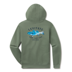 Levitate Trippy Fish Hoodie, back: Watercolor striped bass in blues under arched Levitate New England Since 2003 lettering