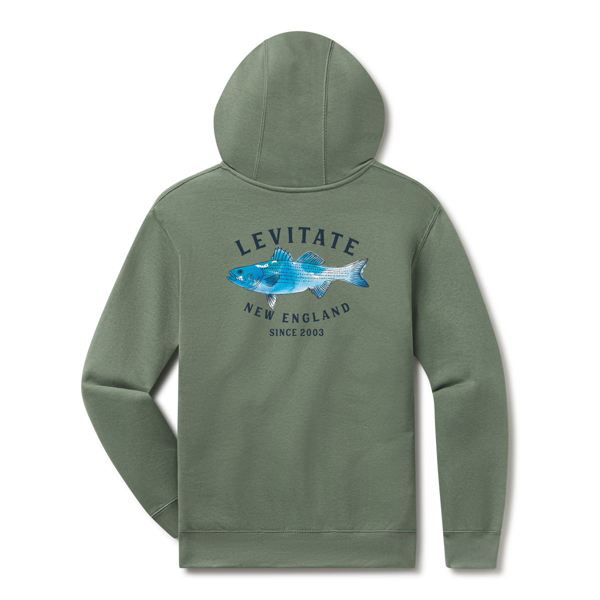 Levitate Trippy Fish Hoodie, back: Watercolor striped bass in blues under arched Levitate New England Since 2003 lettering