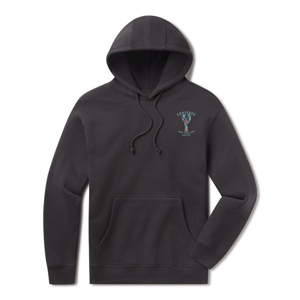 Levitate Trippy Lobster Hoodie, front: Hand-watercolored lobster in teal, purple and rust under Levitate New England lettering