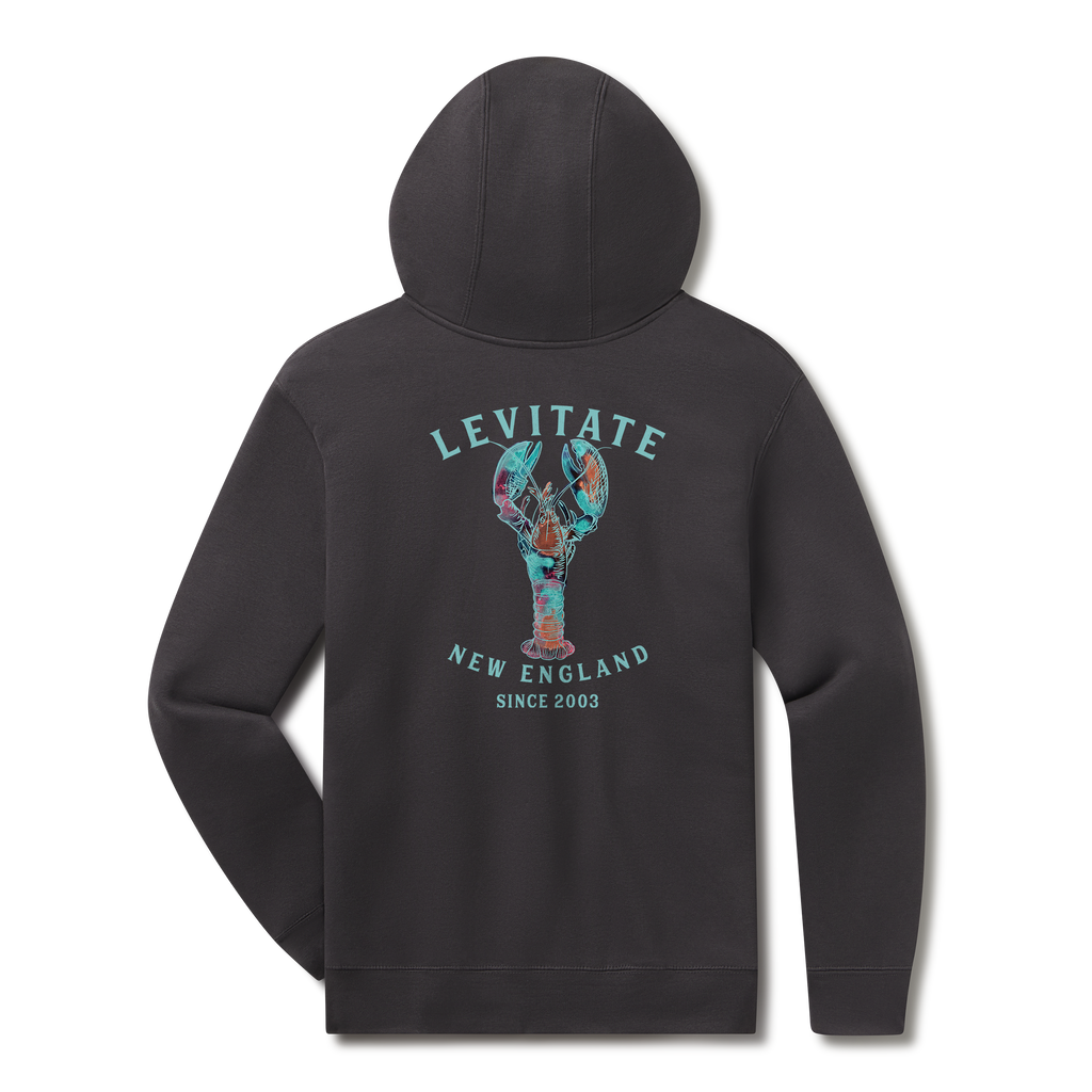 Levitate Trippy Lobster Hoodie, back: Hand-watercolored lobster in teal, purple and rust under Levitate New England lettering