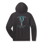 Levitate Trippy Lobster Hoodie, back: Hand-watercolored lobster in teal, purple and rust under Levitate New England lettering