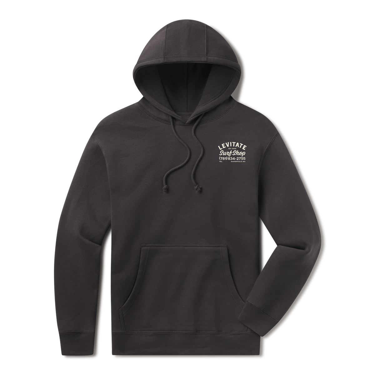 Levitate Downtown Hoodie, front: Fine-line drawing of the Levitate Surf Shop building in Marshfield with Est. 2003 and the shop phone number