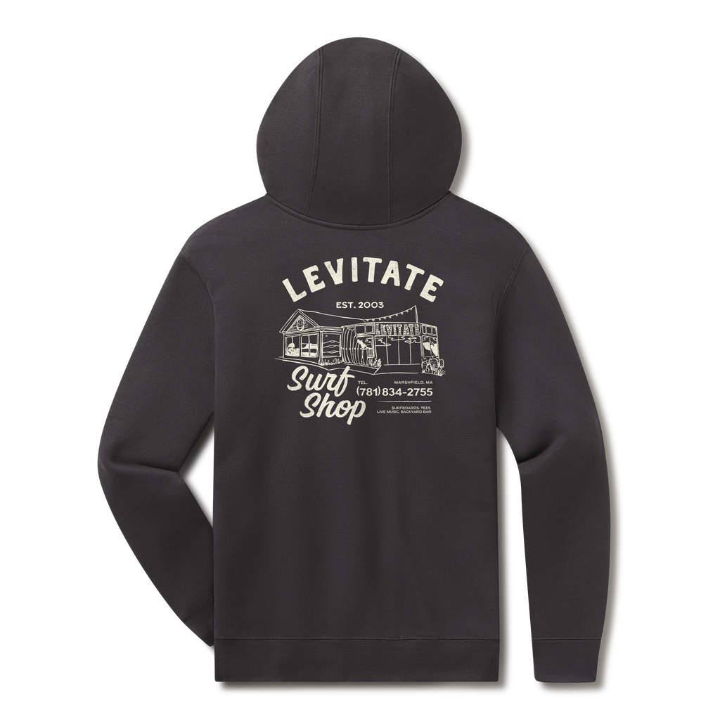 Levitate Downtown Hoodie, back: Fine-line drawing of the Levitate Surf Shop building in Marshfield with Est. 2003 and the shop phone number