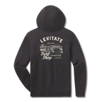 Levitate Downtown Hoodie, back: Fine-line drawing of the Levitate Surf Shop building in Marshfield with Est. 2003 and the shop phone number