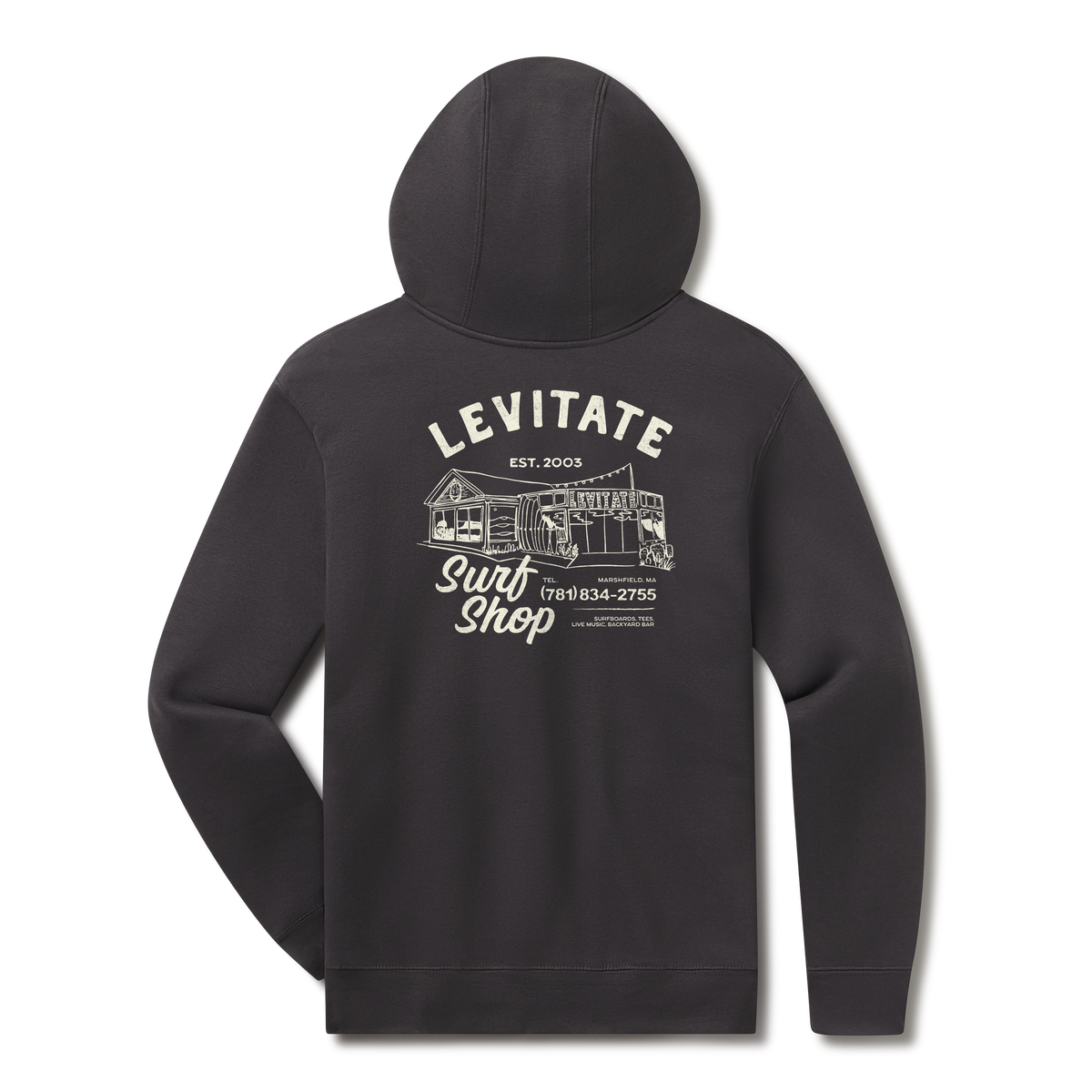 Levitate Downtown Hoodie, back: Fine-line drawing of the Levitate Surf Shop building in Marshfield with Est. 2003 and the shop phone number