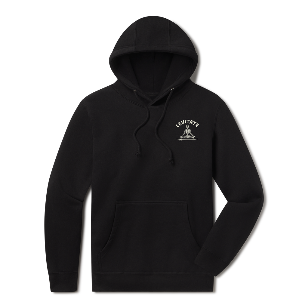 Levitate Meditate Your Day Hoodie, front: Skeleton meditating cross-legged on a surfboard with a red sun behind, arched Levitate logo