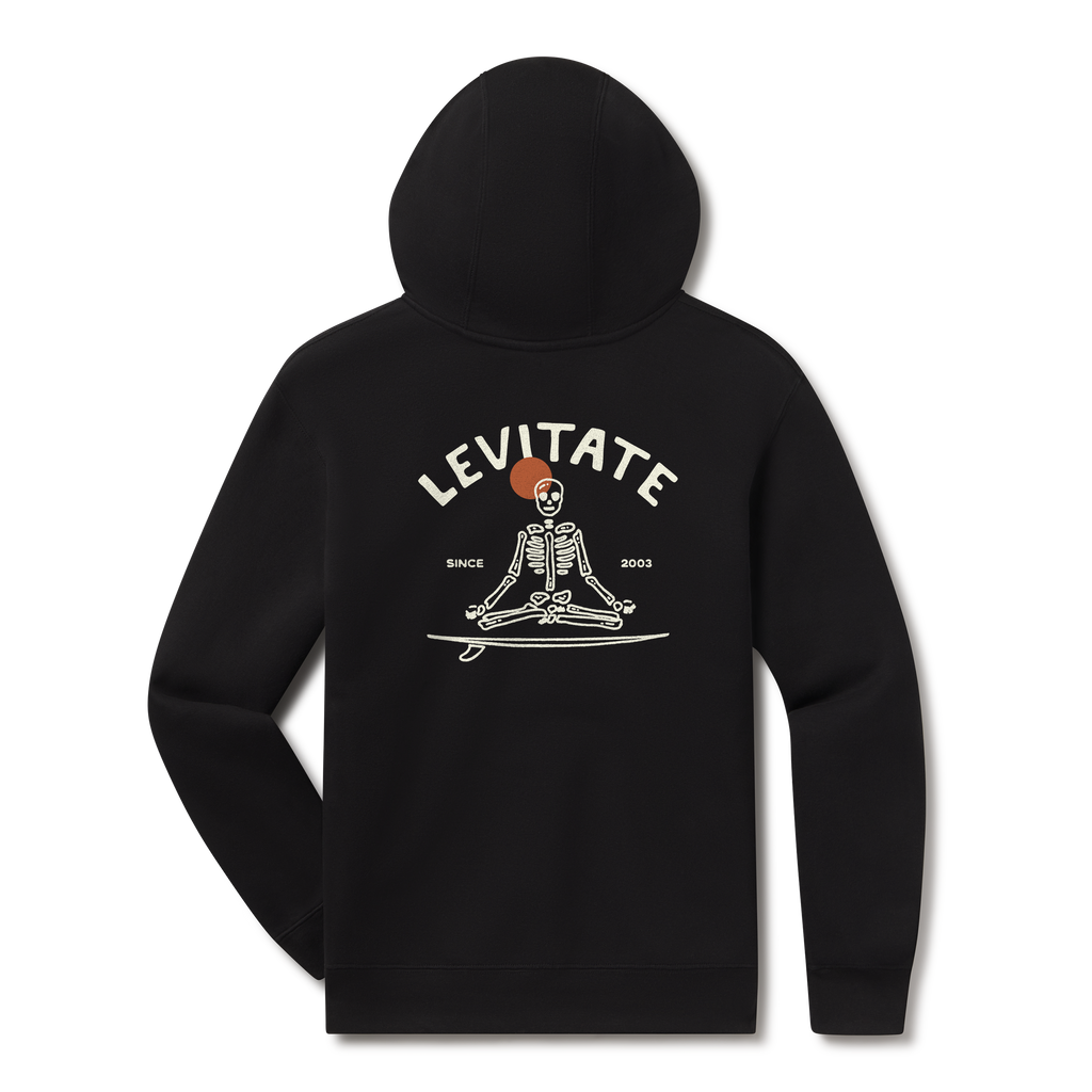 Levitate Meditate Your Day Hoodie, back: Skeleton meditating cross-legged on a surfboard with a red sun behind, arched Levitate logo