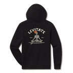 Levitate Meditate Your Day Hoodie, back: Skeleton meditating cross-legged on a surfboard with a red sun behind, arched Levitate logo