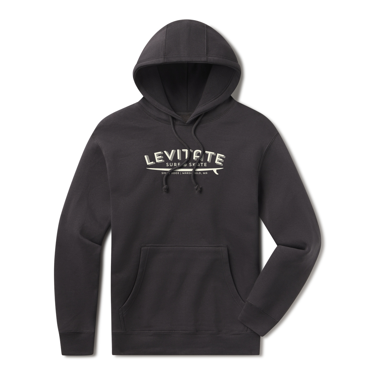 Levitate Longboard Hoodie, front: Arched Levitate wordmark over a longboard, printed tonal