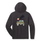Levitate Sunset Pick Up Hoodie, back: Back of a vintage green pickup under palm trees at sunset with Levitate on the tailgate