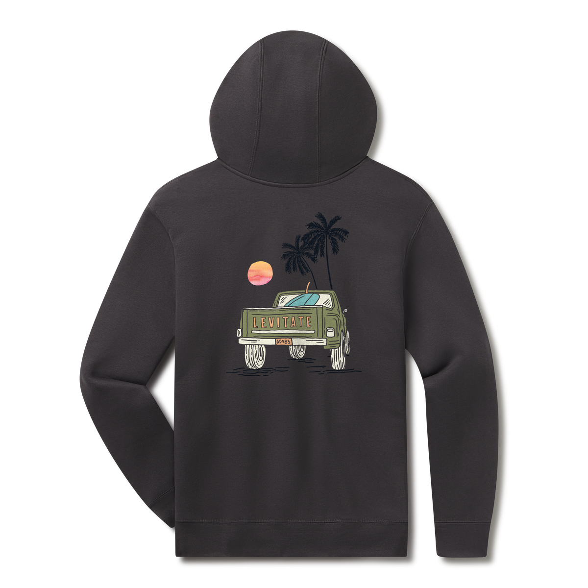 Levitate Sunset Pick Up Hoodie, back: Back of a vintage green pickup under palm trees at sunset with Levitate on the tailgate