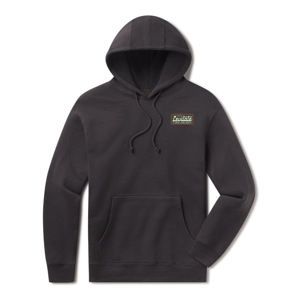 Levitate Coastal Classic Hoodie, front: Vintage patch-style Levitate script badge with New England lettering on back, small badge on chest