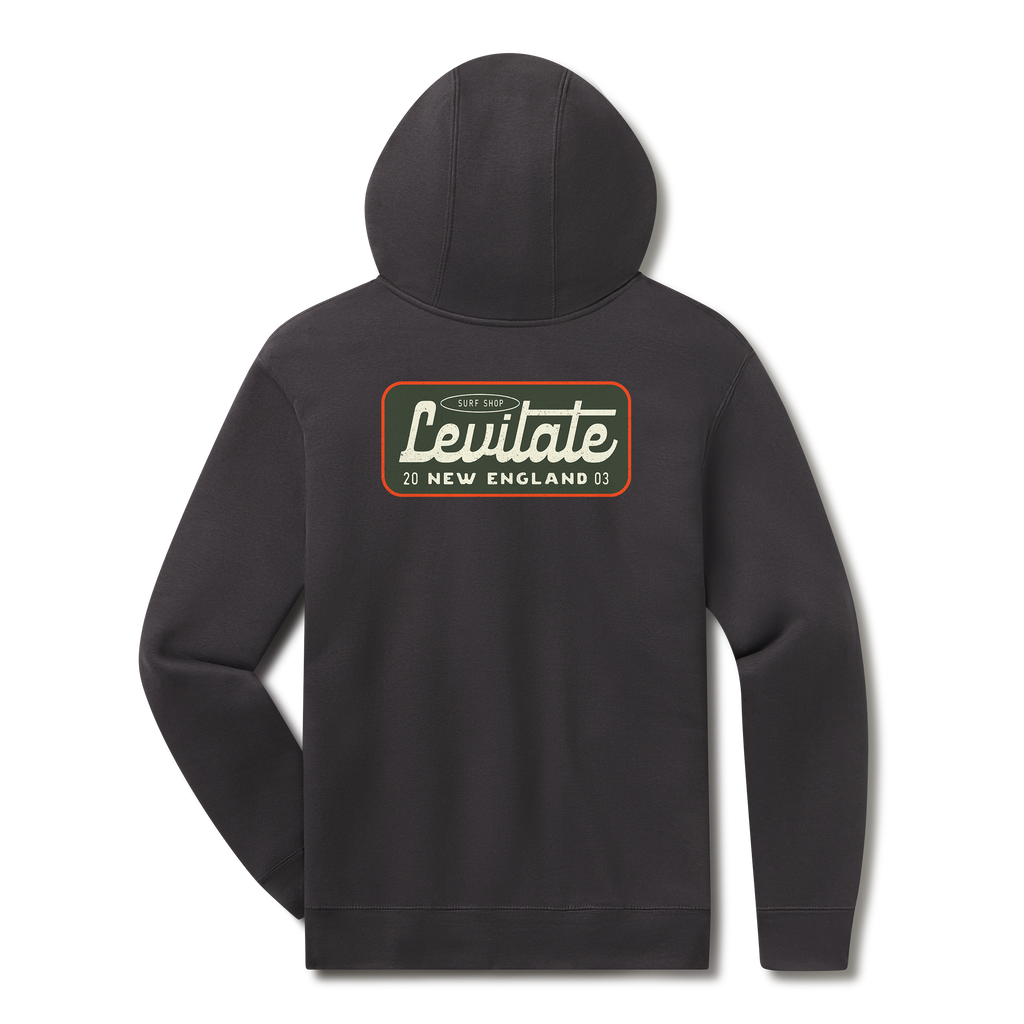 Levitate Coastal Classic Hoodie, back: Vintage patch-style Levitate script badge with New England lettering on back, small badge on chest