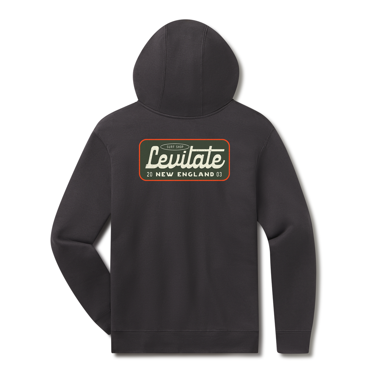 Levitate Coastal Classic Hoodie, back: Vintage patch-style Levitate script badge with New England lettering on back, small badge on chest