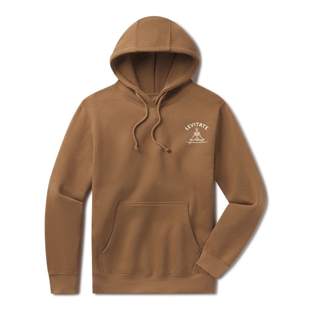 Levitate Meditate Your Day Hoodie, front: Skeleton meditating cross-legged on a surfboard with a red sun behind, arched Levitate logo