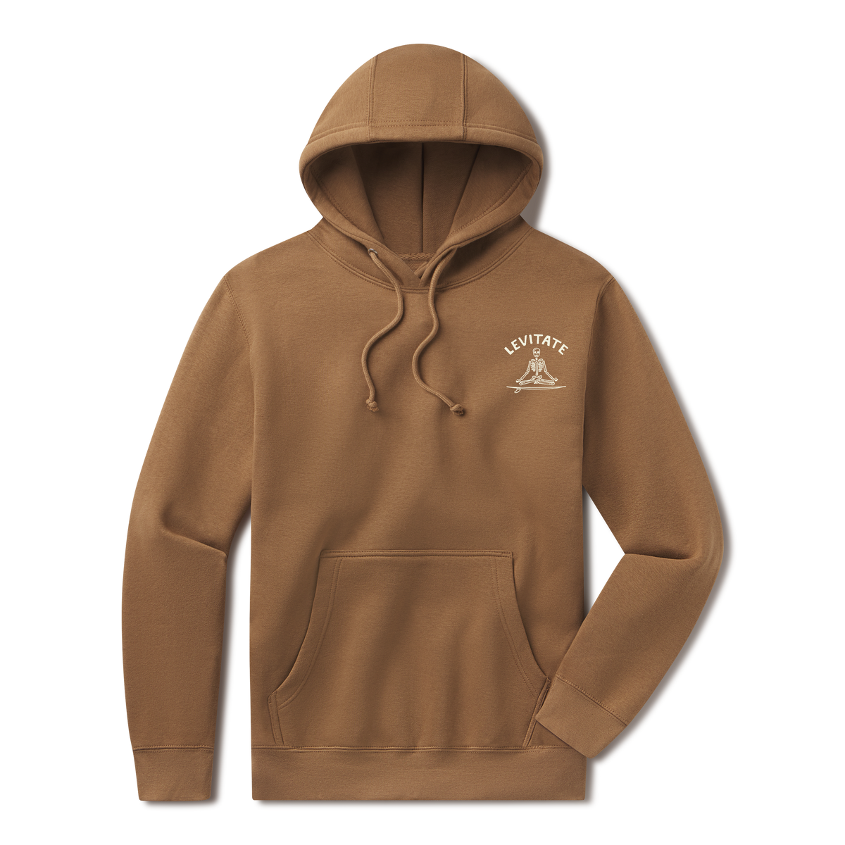 Levitate Meditate Your Day Hoodie, front: Skeleton meditating cross-legged on a surfboard with a red sun behind, arched Levitate logo