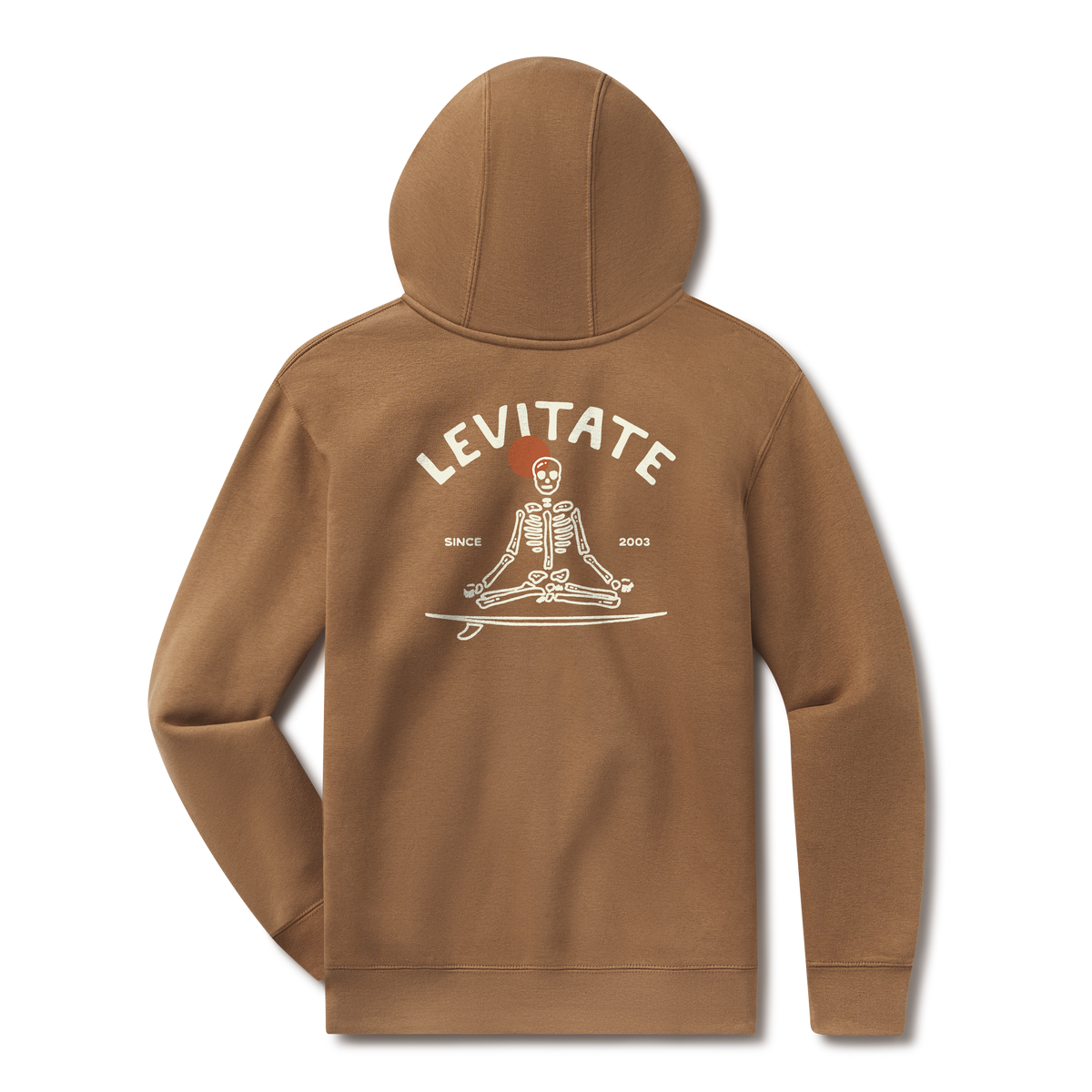Levitate Meditate Your Day Hoodie, back: Skeleton meditating cross-legged on a surfboard with a red sun behind, arched Levitate logo