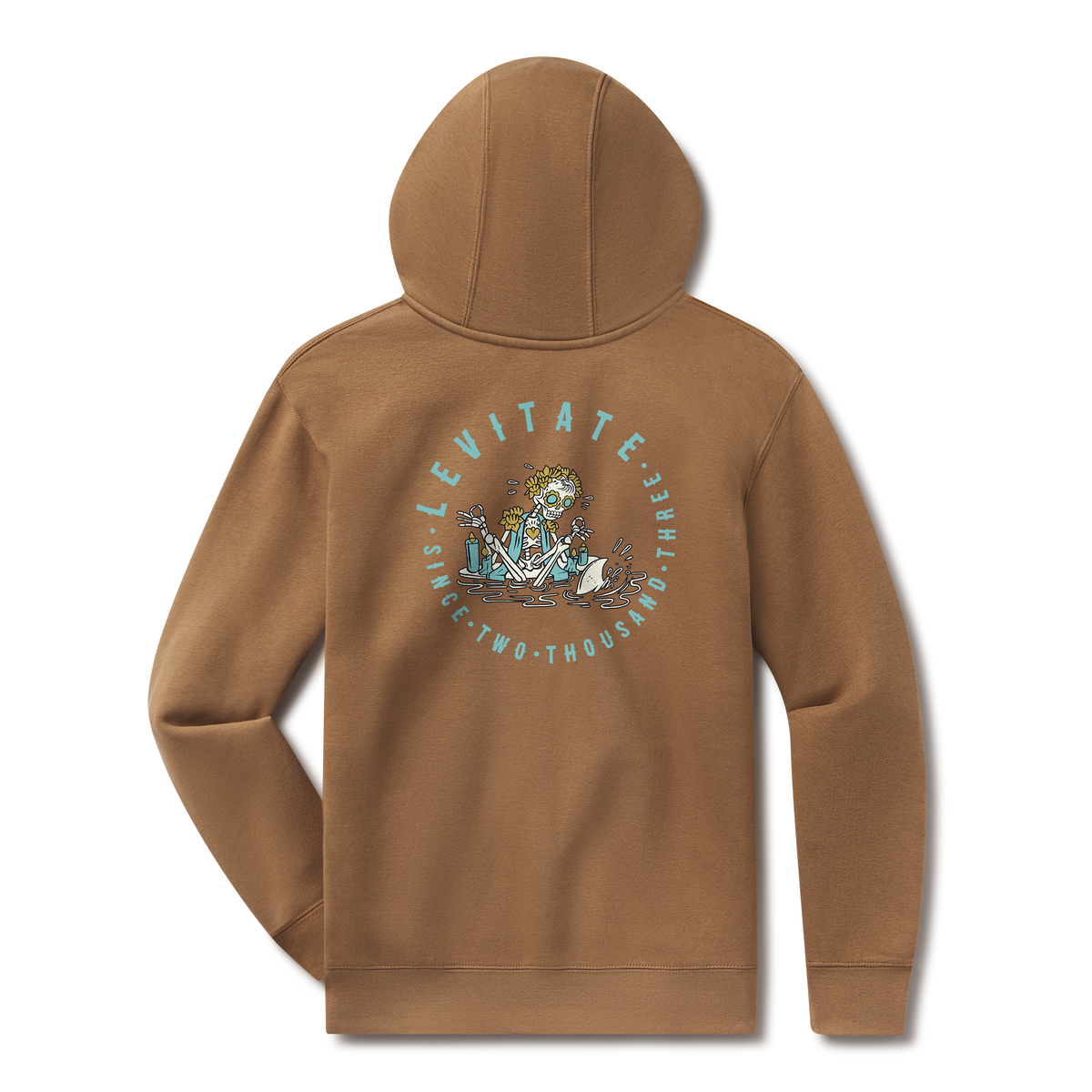 Levitate Los Muertos Hoodie, back: Day of the Dead-style skeleton art inside a round Levitate badge with Since Two Thousand Three text