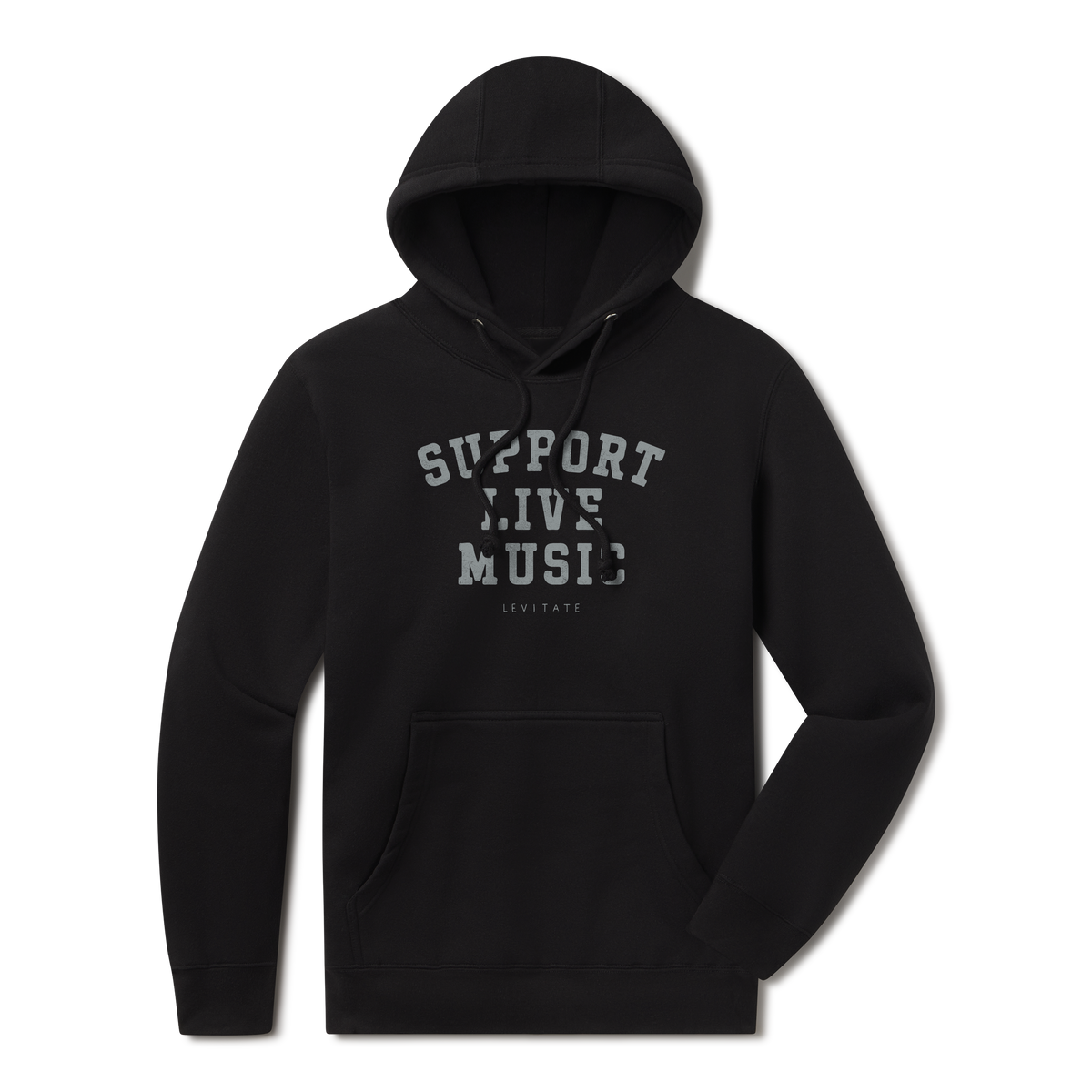 Levitate Support Live Music Hoodie, front: Collegiate block letters reading Support Live Music