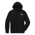Levitate x Stick Figure Hoodie, front: Psychedelic 60s-style Stick Figure and Levitate lettering around a sunset scene with silhouettes and flowers