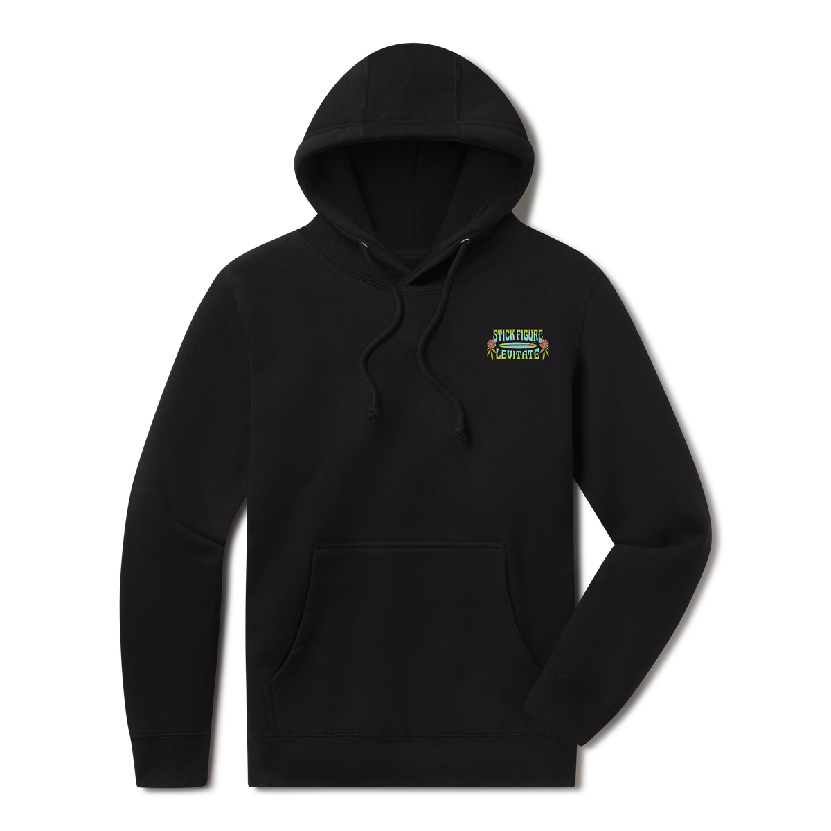 Levitate x Stick Figure Hoodie, front: Psychedelic 60s-style Stick Figure and Levitate lettering around a sunset scene with silhouettes and flowers