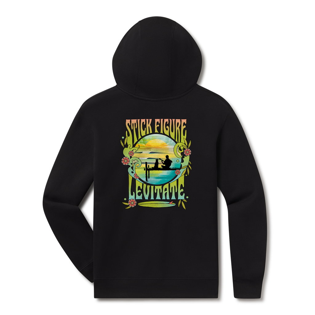 Levitate x Stick Figure Hoodie, back: Psychedelic 60s-style Stick Figure and Levitate lettering around a sunset scene with silhouettes and flowers