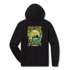 Levitate x Stick Figure Hoodie, back: Psychedelic 60s-style Stick Figure and Levitate lettering around a sunset scene with silhouettes and flowers