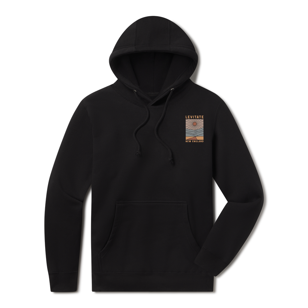 Levitate Stainglass Hoodie, front: Stained glass-style landscape of sun rays over layered hills and shoreline, Levitate New England