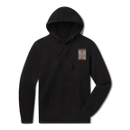 Levitate Stainglass Hoodie, front: Stained glass-style landscape of sun rays over layered hills and shoreline, Levitate New England