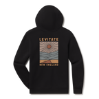 Levitate Stainglass Hoodie, back: Stained glass-style landscape of sun rays over layered hills and shoreline, Levitate New England