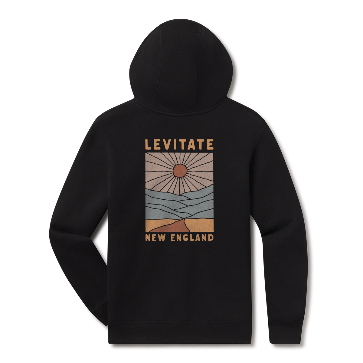 Levitate Stainglass Hoodie, back: Stained glass-style landscape of sun rays over layered hills and shoreline, Levitate New England