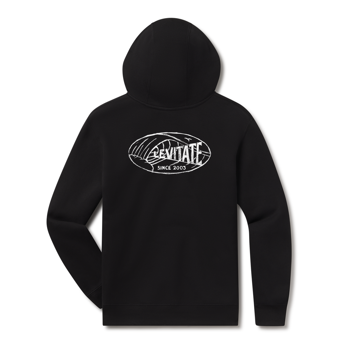 Levitate Curl Classic Hoodie, back: Oval Levitate logo wrapped in a curling wave line drawing with Since 2003 text