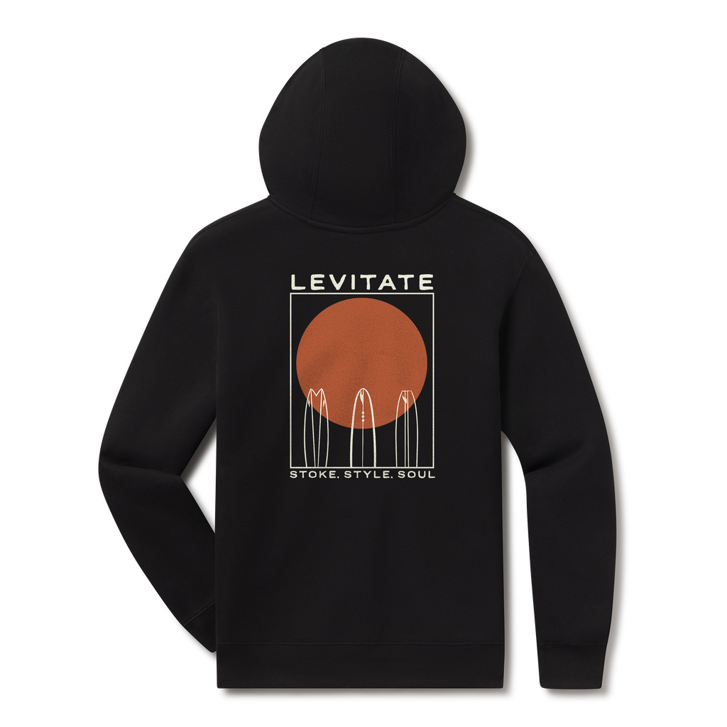 Levitate Quiver Surf Hoodie, back: Surfboard quiver standing against a large rust-orange sun with Levitate and Stoke Style Soul text