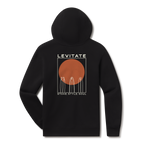 Levitate Quiver Surf Hoodie, back: Surfboard quiver standing against a large rust-orange sun with Levitate and Stoke Style Soul text