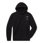 Levitate Cold Water Crew Hoodie, front: Skeleton surfer standing with a surfboard under hand-lettered Levitate Cold Water Crew type