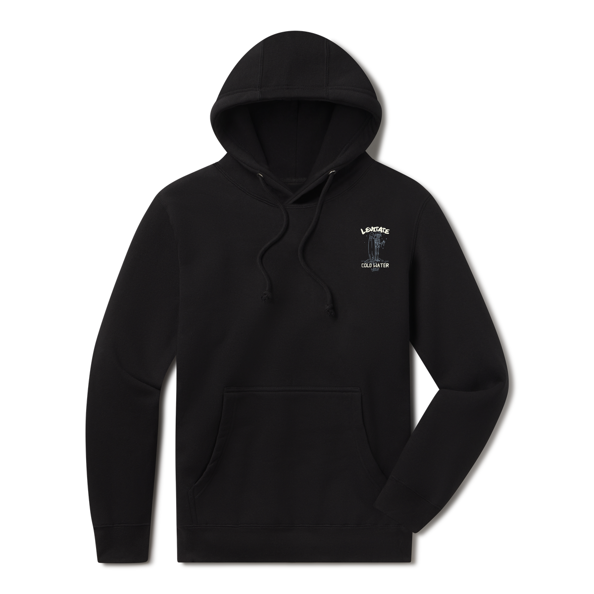 Levitate Cold Water Crew Hoodie, front: Skeleton surfer standing with a surfboard under hand-lettered Levitate Cold Water Crew type