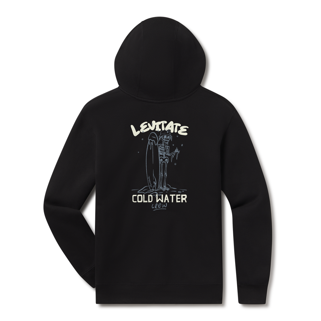 Levitate Cold Water Crew Hoodie, back: Skeleton surfer standing with a surfboard under hand-lettered Levitate Cold Water Crew type