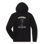 Levitate Cold Water Crew Hoodie, back: Skeleton surfer standing with a surfboard under hand-lettered Levitate Cold Water Crew type