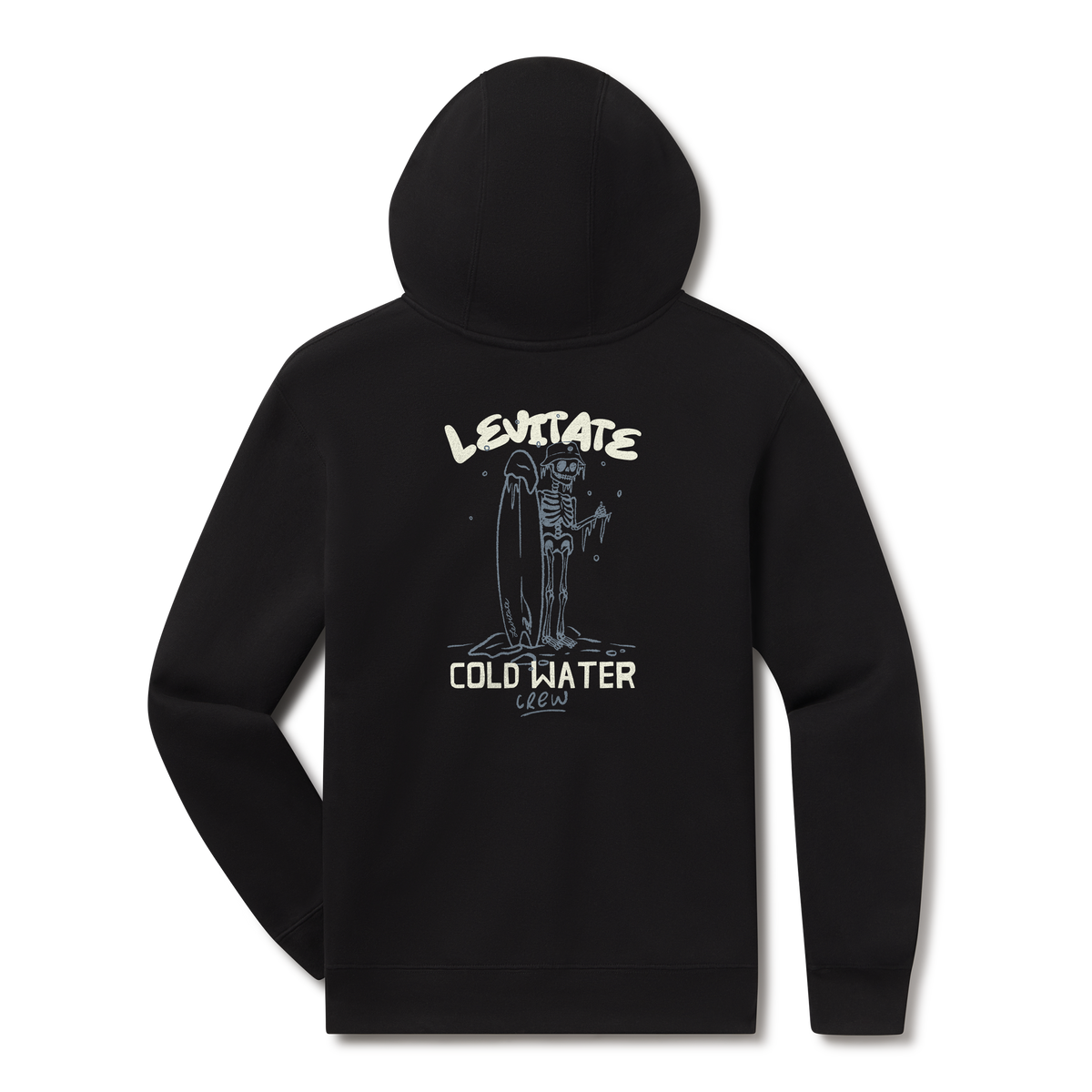 Levitate Cold Water Crew Hoodie, back: Skeleton surfer standing with a surfboard under hand-lettered Levitate Cold Water Crew type