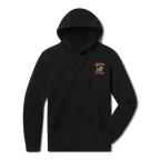 Levitate Ski Patrol Hoodie, front: Skeleton relaxing in a lawn chair with skis in the snow under orange Levitate Ski Patrol lettering