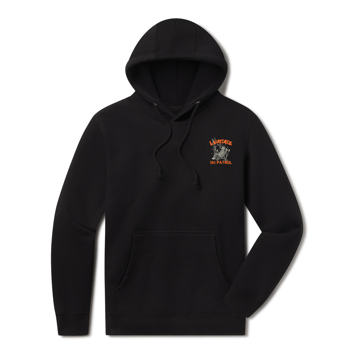 Levitate Ski Patrol Hoodie, front: Skeleton relaxing in a lawn chair with skis in the snow under orange Levitate Ski Patrol lettering