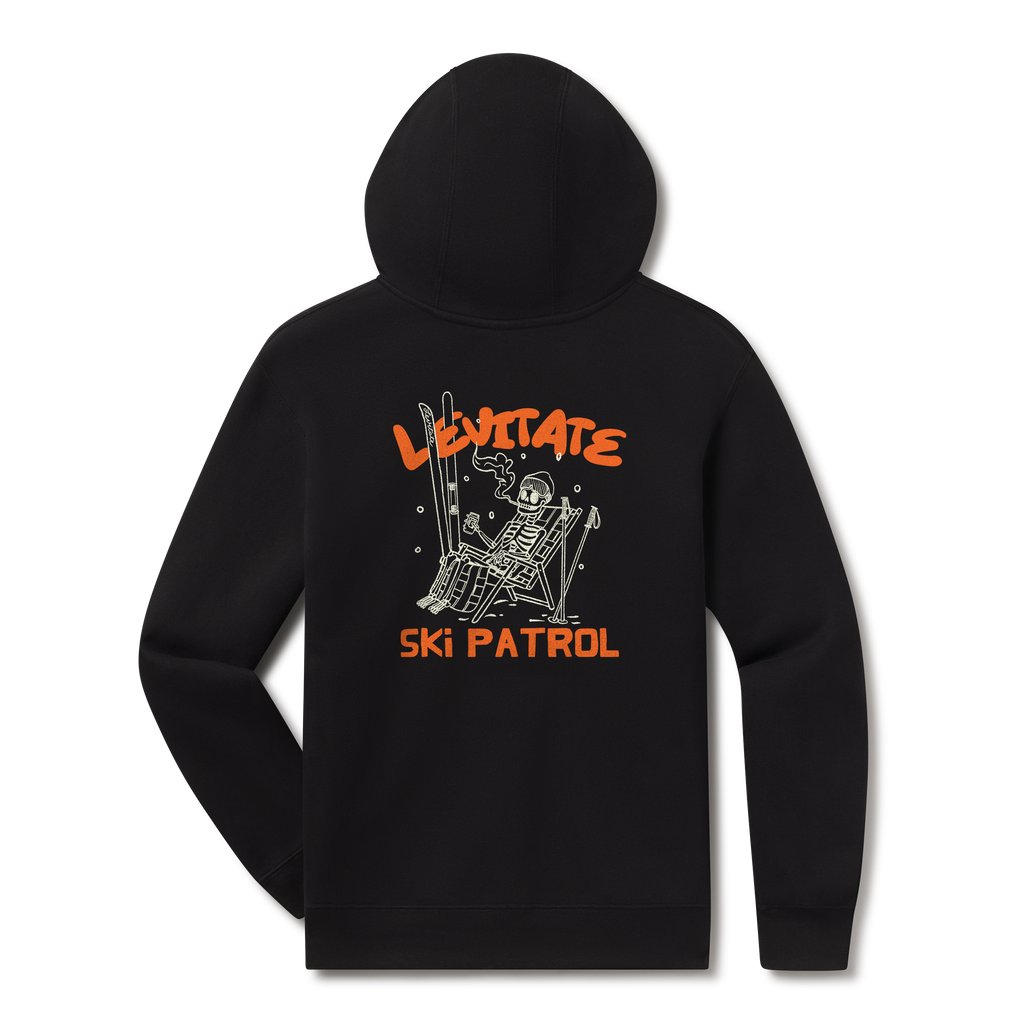Levitate Ski Patrol Hoodie, back: Skeleton relaxing in a lawn chair with skis in the snow under orange Levitate Ski Patrol lettering