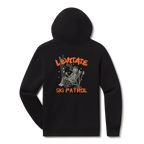 Levitate Ski Patrol Hoodie, back: Skeleton relaxing in a lawn chair with skis in the snow under orange Levitate Ski Patrol lettering