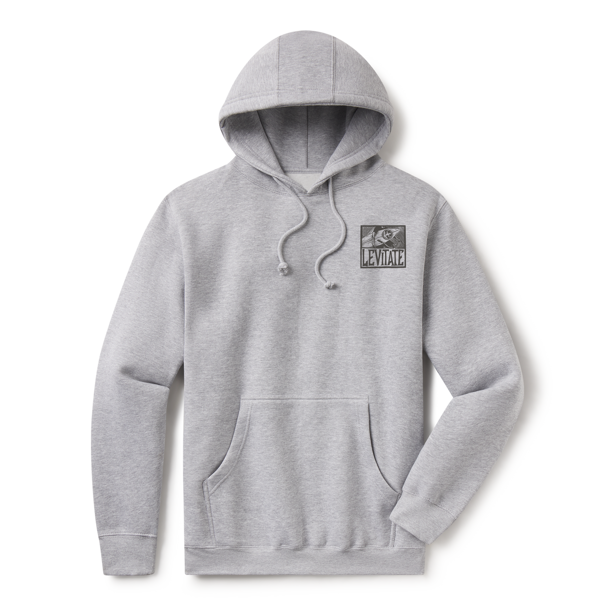 Levitate Blockprint Surfer Hoodie, front: Woodcut-style block print of a surfer riding a bicycle with a surfboard, Levitate lettering below
