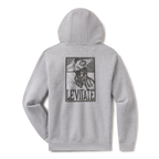 Levitate Blockprint Surfer Hoodie, back: Woodcut-style block print of a surfer riding a bicycle with a surfboard, Levitate lettering below
