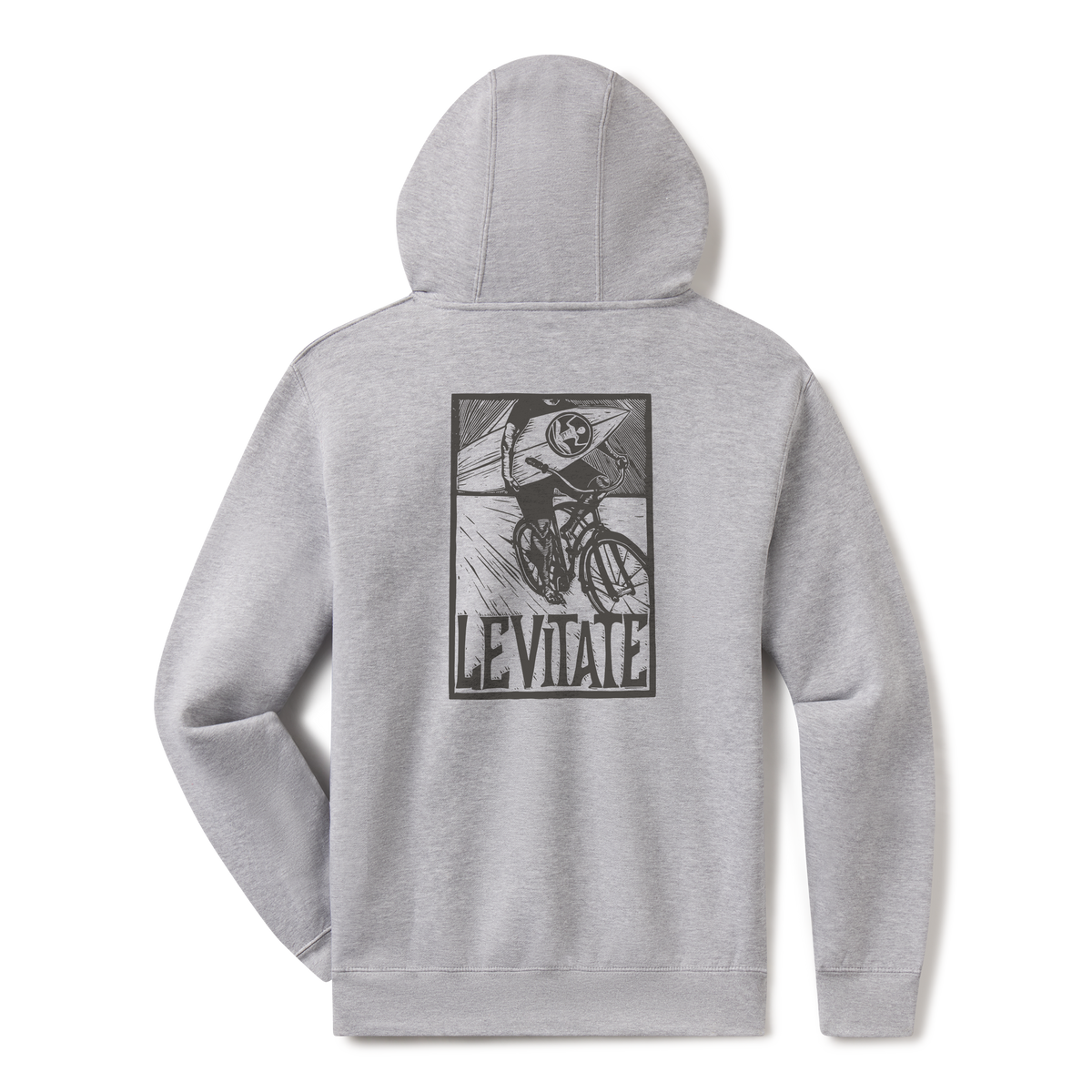 Levitate Blockprint Surfer Hoodie, back: Woodcut-style block print of a surfer riding a bicycle with a surfboard, Levitate lettering below