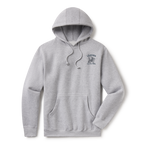 Levitate Ski Patrol Hoodie, front: Skeleton relaxing in a lawn chair with skis in the snow under orange Levitate Ski Patrol lettering