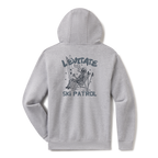 Levitate Ski Patrol Hoodie, back: Skeleton relaxing in a lawn chair with skis in the snow under orange Levitate Ski Patrol lettering